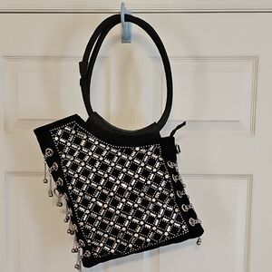 Black Studded Rhinestone Women's Shoulder Bag- FLAW